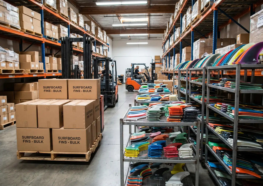A wide view of a surfboard fins manufacturer's warehouse, featuring pallets of boxes labeled "SURFBOARD FINS - BULK" alongside racks heavily stocked with multi-colored surfboard fins.