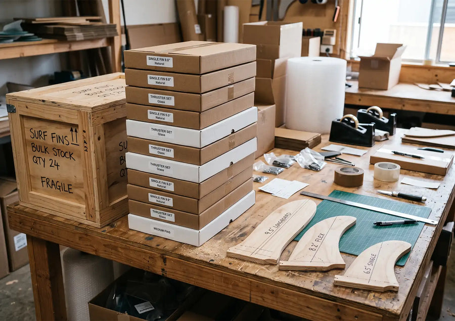 A workshop table featuring wooden fin templates, packing materials, and a tall stack of boxed fin sets next to a wooden shipping crate packed with wholesale surfboard fins.