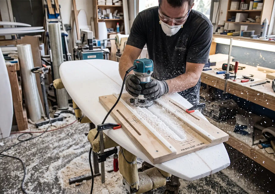 A surfboard shaper wearing a respirator and safety glasses uses a Makita router and a custom wooden jig to cut a center slot into a surfboard blank, demonstrating a key step in how to install fin boxes.