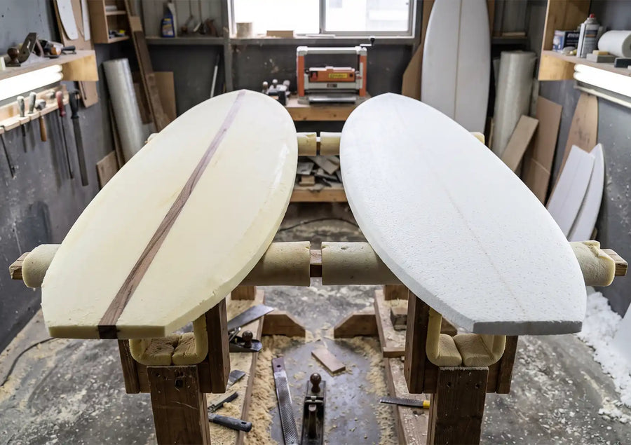 A side-by-side comparison of PU and EPS surfboard blanks resting on shaping racks in a workshop, showing a yellowish PU blank with a wooden stringer on the left and a stringerless white EPS blank on the right.